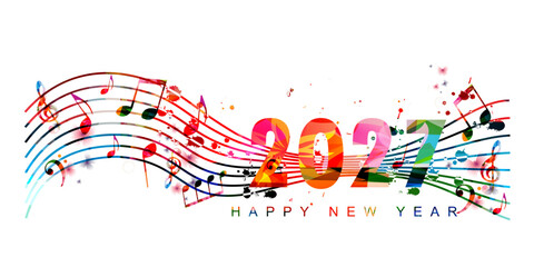Happy New Year 2027 with flowing music staff and notes © abstract