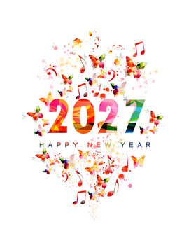 Colorful Happy New Year 2027 with butterflies and music notes