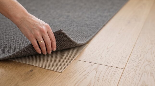 Lifting the corner of an area rug to reveal a nonslip underlay closeup