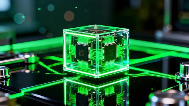 Transparent cube with glowing circuit board