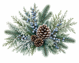 Fototapeta premium Premium watercolor Christmas bouquet featuring frosted evergreen branches, pinecones and blue juniper berries. Elegant winter botanical arrangement isolated on white background.
