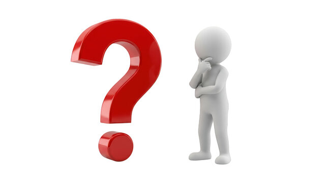 3d humanoid figure pondering next move beside a large red question mark isolated on transparent background