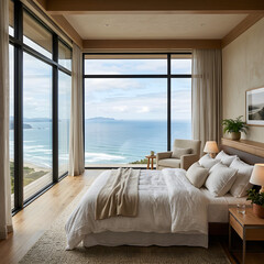 Obraz premium Modern luxury hotel bedroom with large window and balcony.