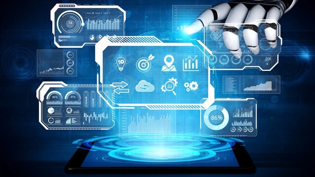 AI reading big data visualization dashboard, analyzing insights, identifying patterns, and generating strategic decisions through automated data interpretation. Marrow