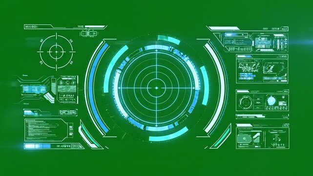Futuristic digital interface with targeting system and data displays on a green background