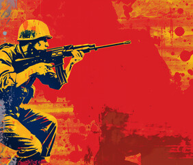 Obraz premium Pop art soldier aiming a rifle on a red background