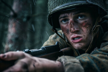 Obraz premium Soldier aiming a rifle while lying outdoors