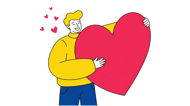 Illustration of a cheerful person holding a large pink heart with love symbols isolated on transparent background