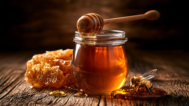 Jar of honey with honeycomb on wooden table
