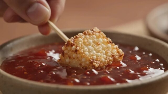 Macro close up of dipping crispy tapioca cube dadinho de tapioca  in portuguese into red pepper jelly