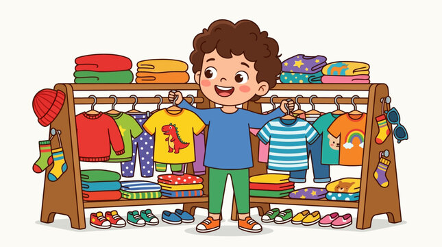 Happy little boy choosing colorful clothes from a wardrobe rack in his room.
