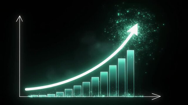 Growing bar chart with upward arrow showing financial progress during dark background with subtle light effects