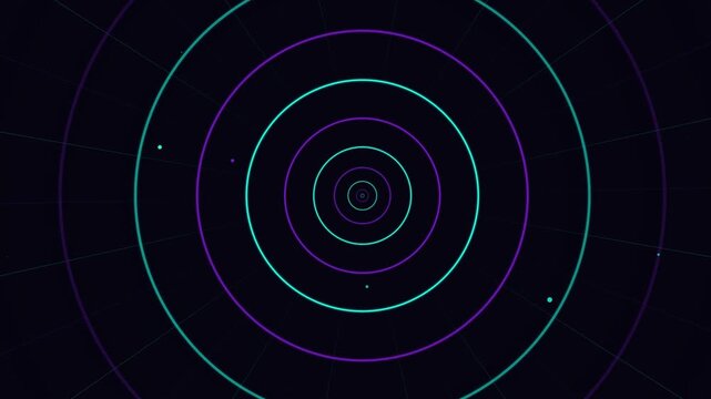 Concentric expanding circles and radial grid lines in purple and cyan a hypnotic