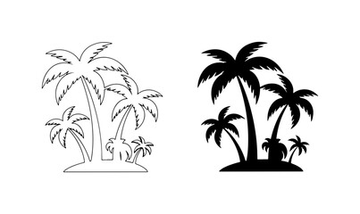 Fototapeta premium Tropical Palm Trees Vector Icons, Silhouette and Outline Styles, Island Beach Paradise