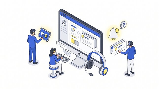 Customer support team utilizing digital interface screens and headsets for managing client inquiries and technical assistance within a modern call center environment for improved service