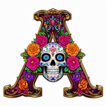 letra A, letra decorativa, tipograf&iacute;a ornamental, monograma floral, letra inicial, alfabeto decorativo, dise&ntilde;o tipogr&aacute;fico, calavera mexicana, calavera de az&uacute;car, cr&aacute;neo decorado, d&iacute;a de muertos, D&iacute;a 