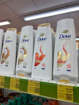01.08.2026 Ukraine, Kharkov Dove Shampoo and Conditioner Bottles Row on Store Shelf