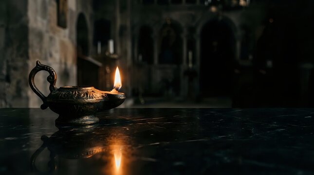 Ornate oil lamp with glowing flame on dark reflective surface, medieval stone architecture in soft focus background, warm golden light casting shadows.