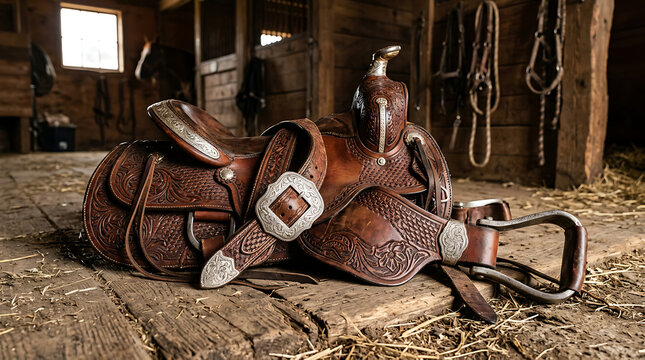 Intricately detailed Western leather saddle with ornate silver buckles resting on rustic wood