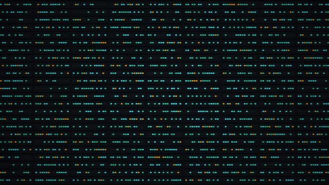 Abstract data grid with flickering blue and orange square pixels an digital