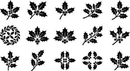 Collection of festive holly leaves and berry sprigs in black vector silhouette for holiday design with christmas decoration christmas seasonal silhouette © Kanon