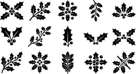 Collection of black holly leaf and berry icons for christmas seasonal design with seasonal decor holly berries christmas silhouette botanical decoration © Kanon