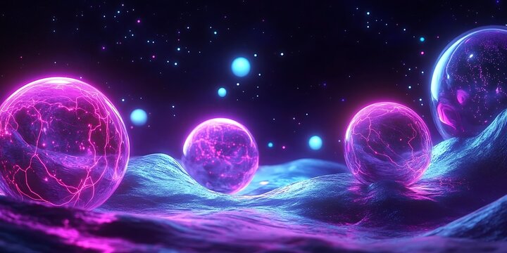 Cosmic landscape featuring glowing purple energy orbs floating over a dark alien terrain surface
