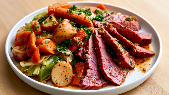 Slices of pink beef brisket with delicately marbled fat are laid out next to generous portions of soft cabbage and bright orange pieces of carrot.