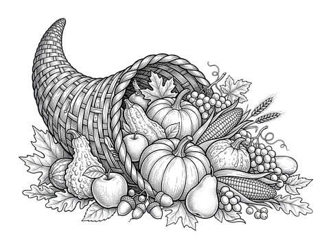 Detailed hand drawn black and white cornucopia filled with autumn harvest vegetables isolated on transparent background