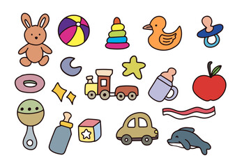 Collection of baby and toddler toys, including rattles, blocks, and a stuffed rabbit