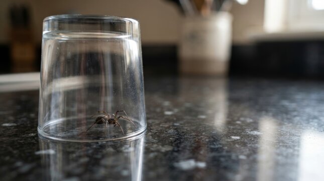Scary spider isolated under a clear glass in a home kitchen symbolizing the fear of insects.
