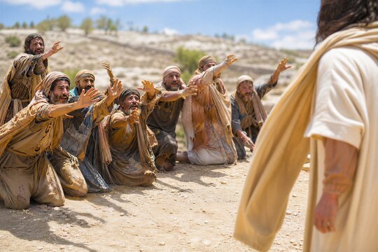 Dynamic scene of ten lepers calling out to Jesus from a distance in the ancient Near East.