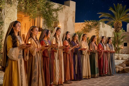 Ten young virgins holding ancient oil lamps wait at night, depicting the New Testament parable from the Biblical Near East.