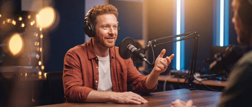 Podcast host speaking into a studio microphone during an interview recording in a warm atmospheric studio, wearing headphones for media production and radio broadcast