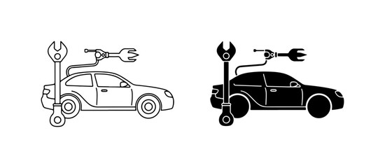 Naklejka premium Electric Car Service Icons, EV Maintenance Symbols, Automotive Repair Tools, Clean Energy Vehicle