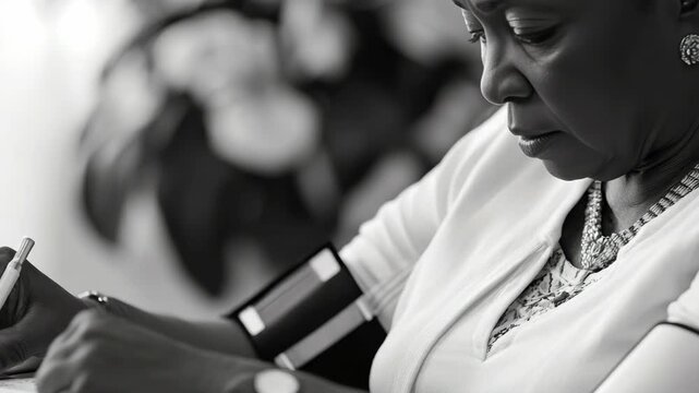 A close-up of an elderly lady reading a paperback book. She is wearing a white top and her face shows concentration.