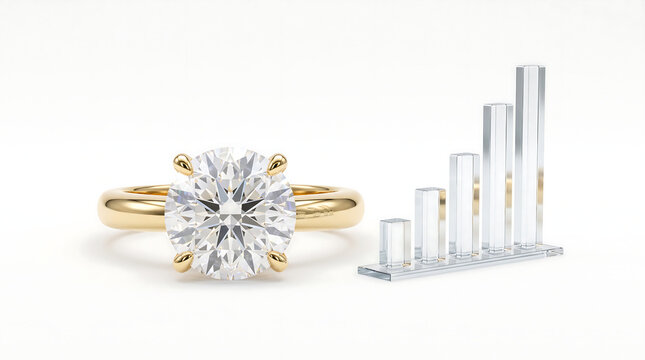 Gold diamond engagement ring with crystal growth bar chart, luxury jewelry investment and sales increase concept