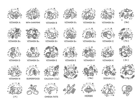 Vitamins, supplements, healthy eating and dieting icons