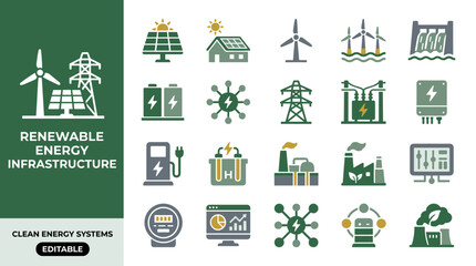 Fototapeta premium Sustainable energy infrastructure and clean power technology icons