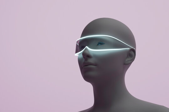 Futuristic mannequin portrait with glowing smart glasses