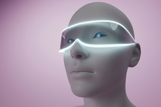 Futuristic mannequin portrait with glowing smart glasses