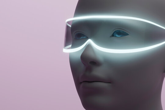 Closeup of futuristic mannequin wearing glowing visor