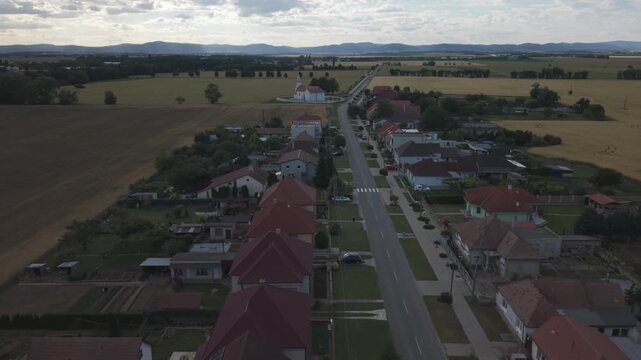 Aerial View of Pac Village and Rural Farmland in Slovakia