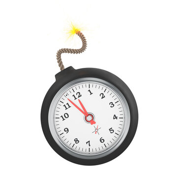 Time bomb with analog clock and burning fuse. Urgency, deadline pressure and crisis, concept. 3d rendering