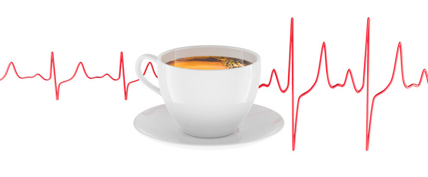 Coffee cup with ECG heartbeat line, caffeine and heart rate concept. 3D rendering