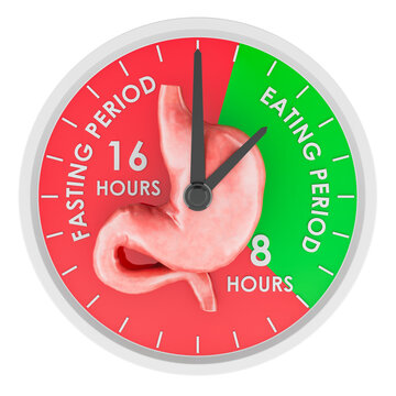 Intermittent fasting concept. Schedule with stomach and clock. 3D rendering