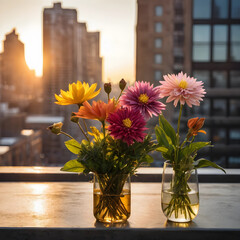 Obraz premium Colorful flower bouquets in glass vases on a rooftop with city buildings and golden hour sunset light, Tranquil urban outdoor setting with natural floral elements