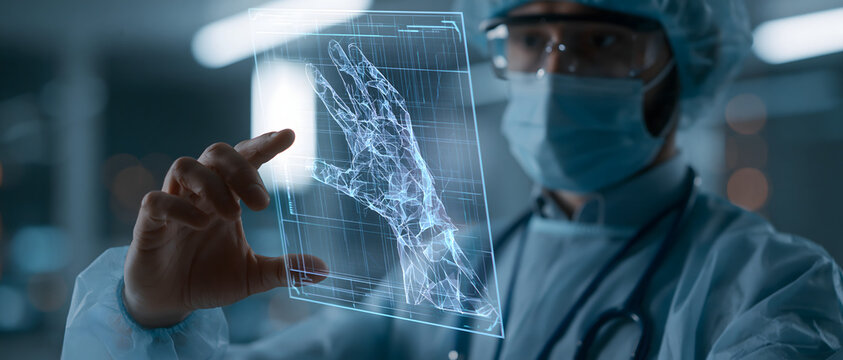 Human hand skeletal structure diagram displayed on a transparent screen medical technology anatomy bone bones cartilage clinical computer generated consultation diagnosis digital display doctor