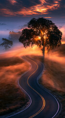 Obraz premium misty road emerging into sunrise light, serpentine asphalt through morning fog, ethereal dawn landscape with winding road