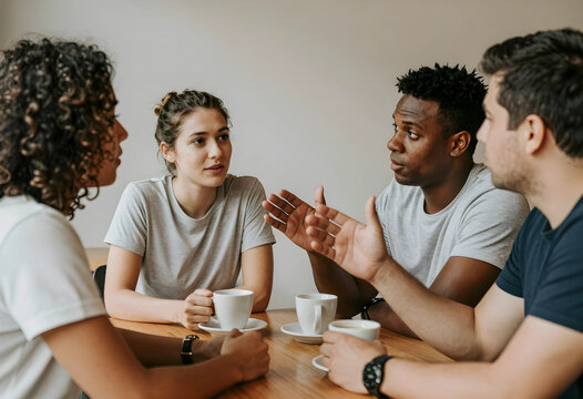 Diverse group of young adults having a serious discussion over coffee at a cafe table, communication and teamwork, this scene concepts of teamwork collaboration and social interaction among